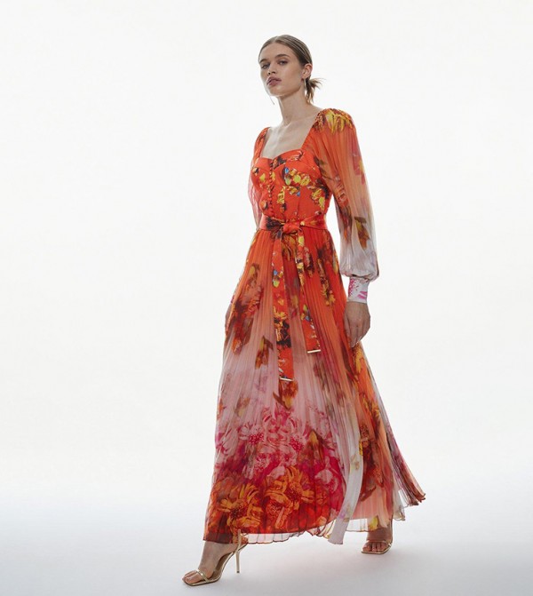 Buy Karen Millen Golden Floral Satin Pleated Woven Maxi Dress In FLORAL