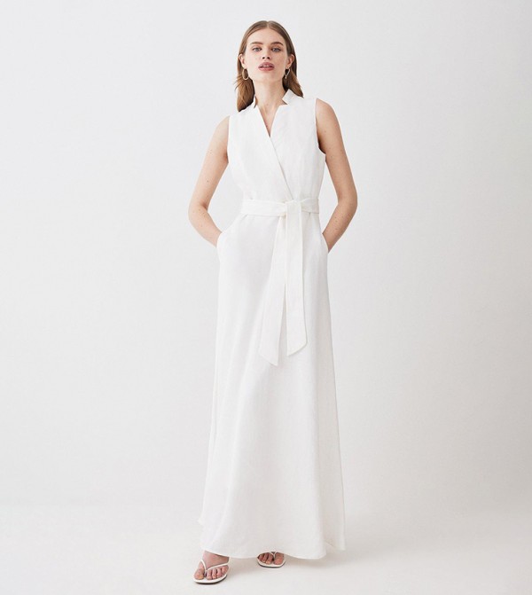 Linen Wrap Tie Waisted Maxi Dress
