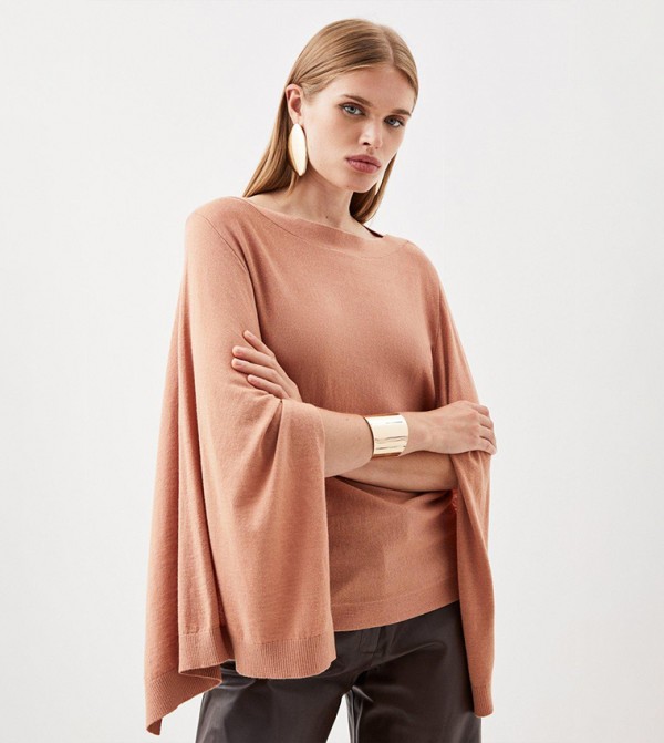 Blend Drama Sleeves Slash Neck Knitted Top