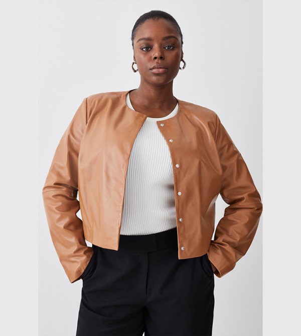 Buy Karen Millen Leather Cropped Jacket In Camel 6thStreet UAE