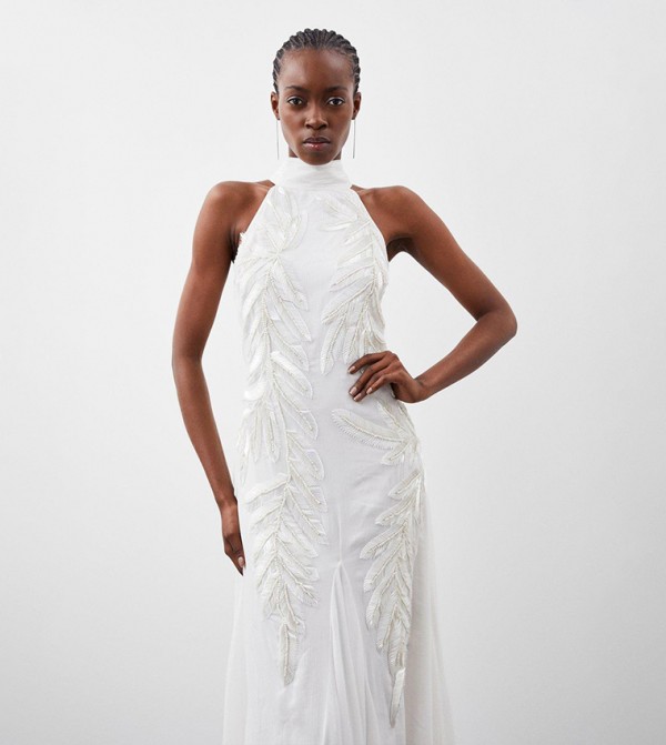 Halter Neck Feather Sequin Detail Woven Maxi Dress
