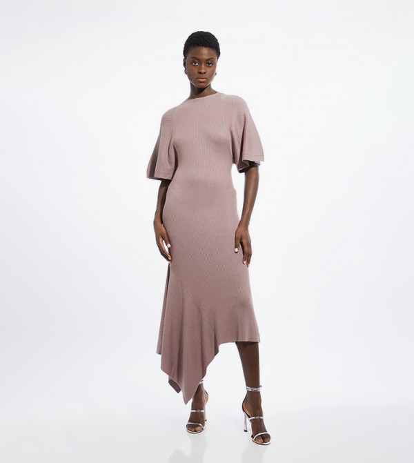 Viscose Blend Angel Sleeves Rib Knitted Midi Dress