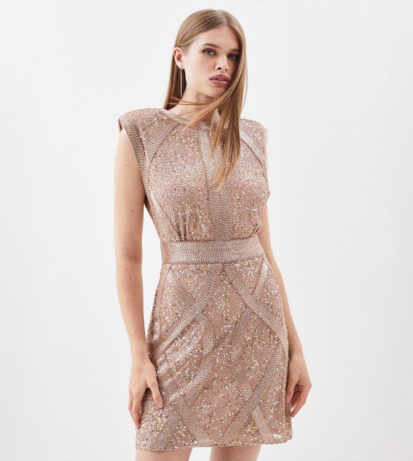 Buy Karen Millen Petite Crystal Embellished Strong Shoulder Mini Dress In  Nude | 6thStreet Qatar