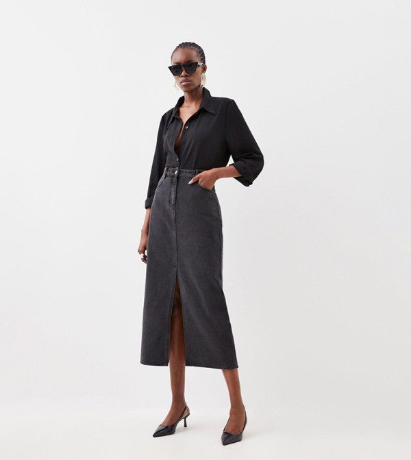 Buy Karen Millen Mid Waist Denim Maxi Skirt In Grey 6thStreet Kuwait