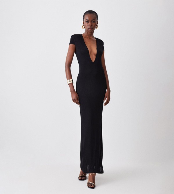 Buy Karen Millen Plunge V Neck Power Shoulder Slinky Knit Maxi Dress In ...