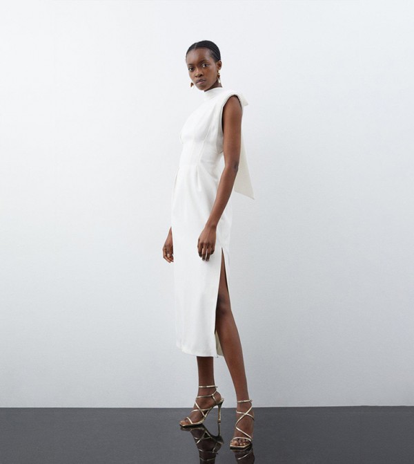 Buy Karen Millen Tall Pintuck Tie Neck Woven Column Maxi Dress In Ivory