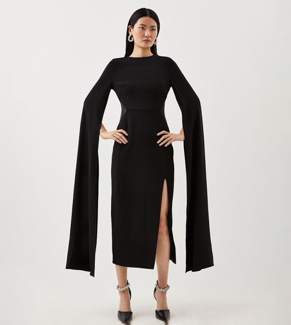 Tailored Compact Stretch Viscose Cape Mesh Panel Midi Dress