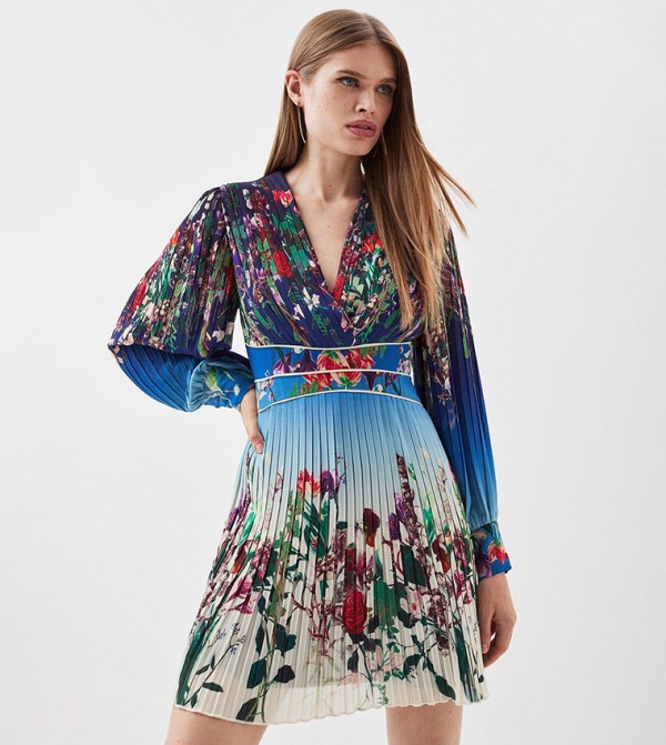 KAREN MILLEN 日本未入荷 花柄 パフスリーブ アップリケ ミニ 青 Buy Karen Millen Pleat Detail Floral Long Sleeve Mini Dress