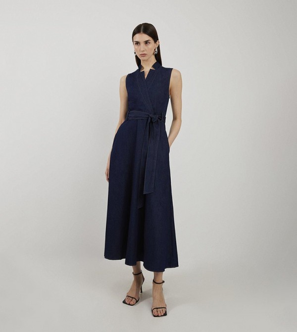 Denim Tailored Notch Neck Belted Fluid Midi Dress