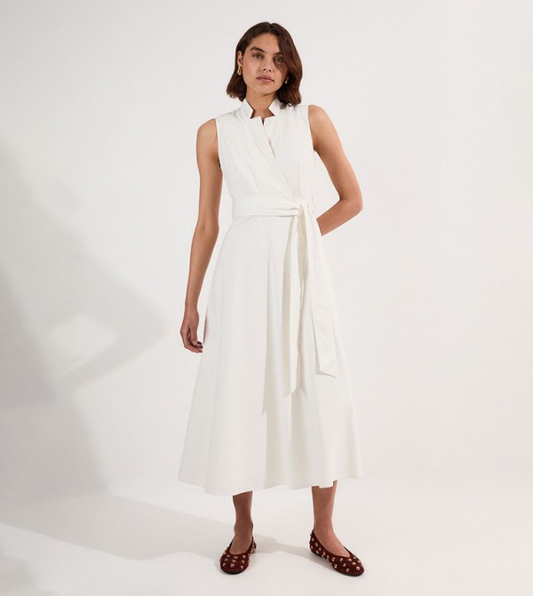 Denim Tailored Notch Neck Belted Fluid Midi Dress