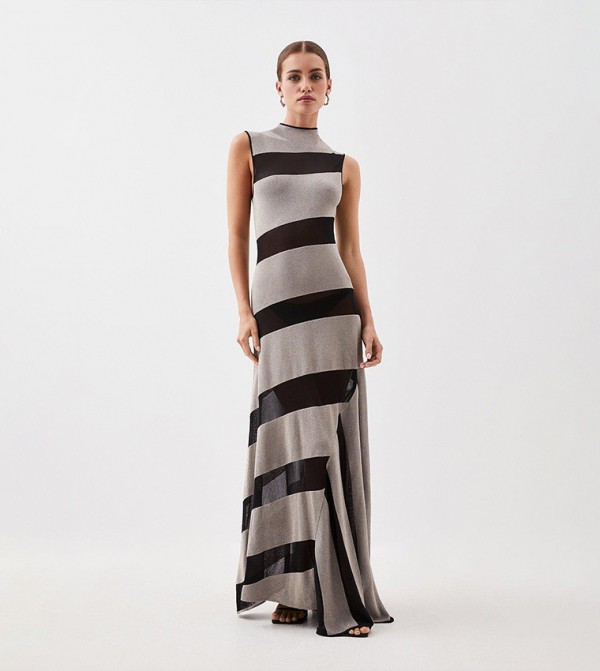 Buy Karen Millen Petite Slinky Sheer Metallic Knit Maxi Dress In Gold 6thStreet UAE