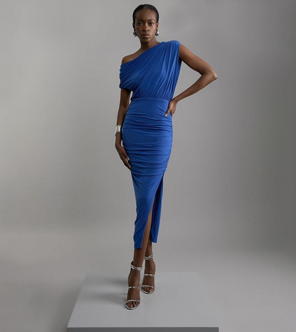 Jersey Crepe Asymmetric Neck Maxi Dress