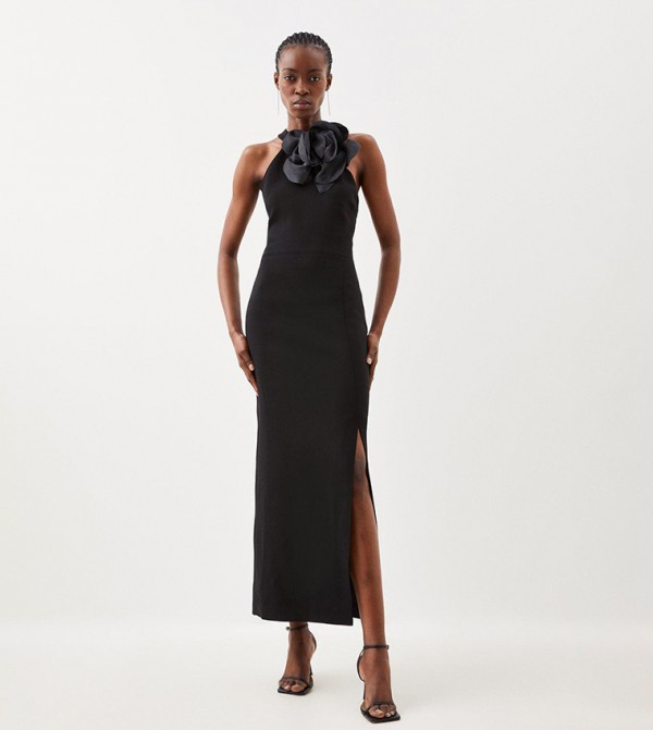 Compact Viscose Corsage Detail Halterneck Midaxi Dress