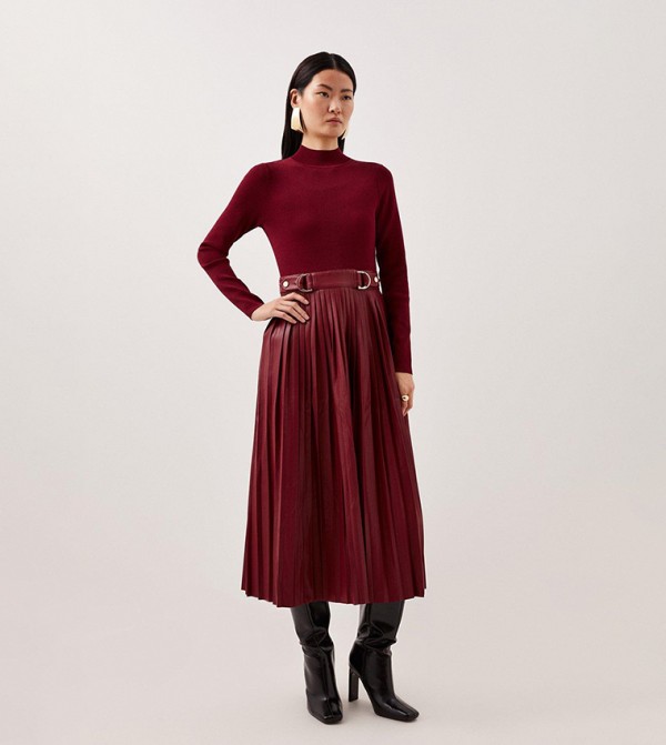 Pu Knit Pleated Skirt Midi Dress