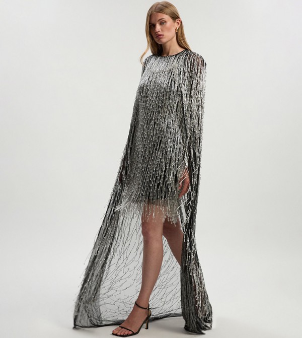 Embellished Fringe Caped Woven Mini Dress