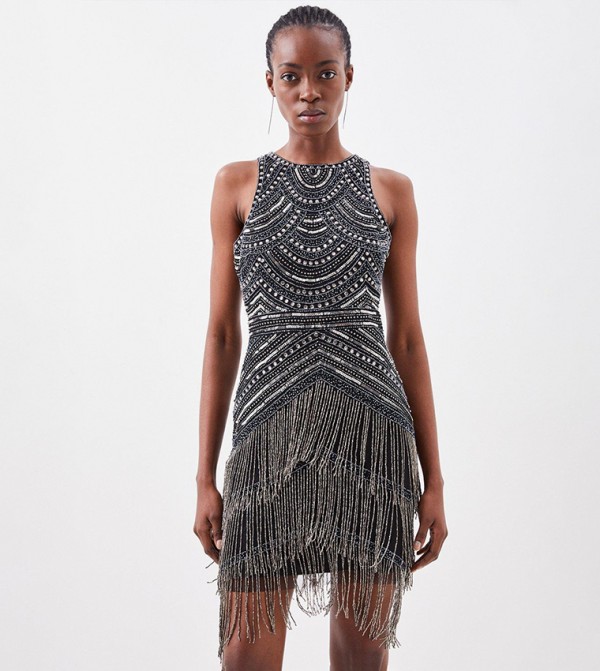 Buy Karen Millen Halter Neck Beaded And Embellished Fringed Mini Dress In Grey 6thStreet Bahrain