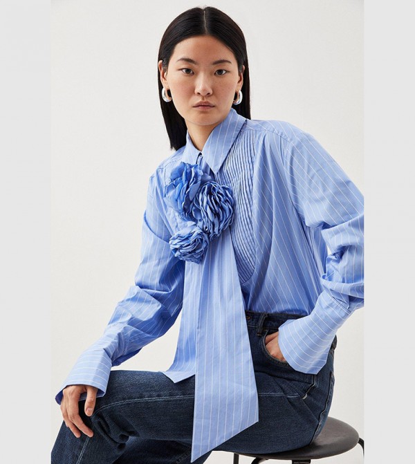 Striped Cotton Woven Shirt with Rosette