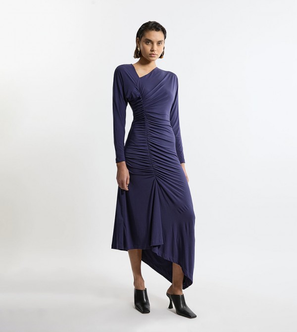 Jersey Crepe Ruched Long Sleeves Maxi Dress