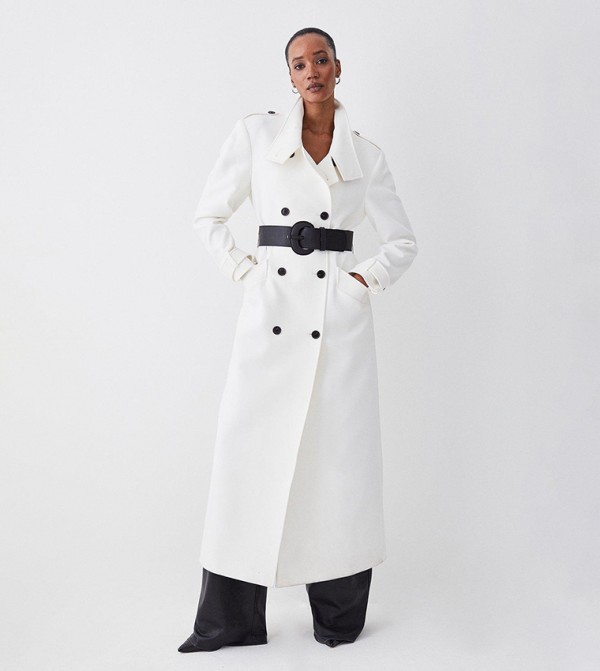Buy Karen Millen Compact Stretch Belted Double Breasted Maxi Coat in White 6thStreet UAE