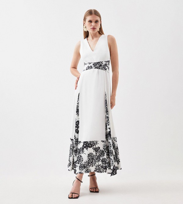 Buy Karen Millen Satin Back Crepe Floral Blocking Pleated Maxi Dress In  Multiple Colors