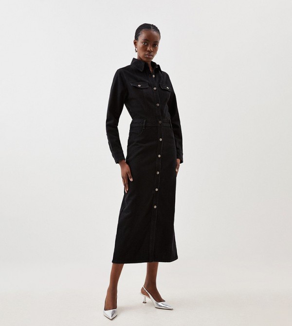 Buy Karen Millen Denim Long Sleeves Midi Shirt Dress In Black 6thStreet Qatar