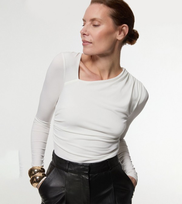 Jersey Crepe Long Sleeves Ruched Bodysuit Top
