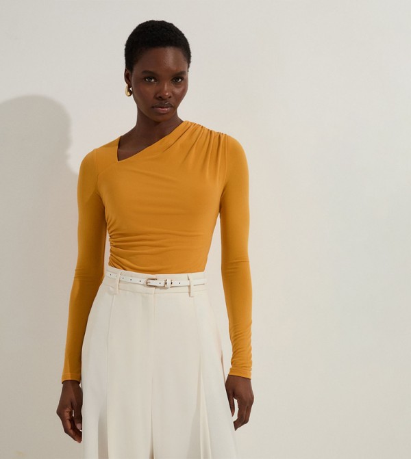 Jersey Crepe Long Sleeves Ruched Bodysuit Top