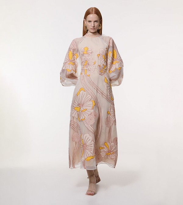 Applique Organdie Floral Print Graphic Woven Maxi Dress