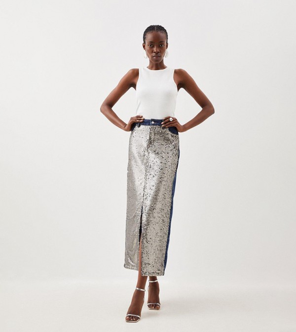 Buy Karen Millen Denim & Sequin Maxi Skirt In Blue | 6thStreet UAE