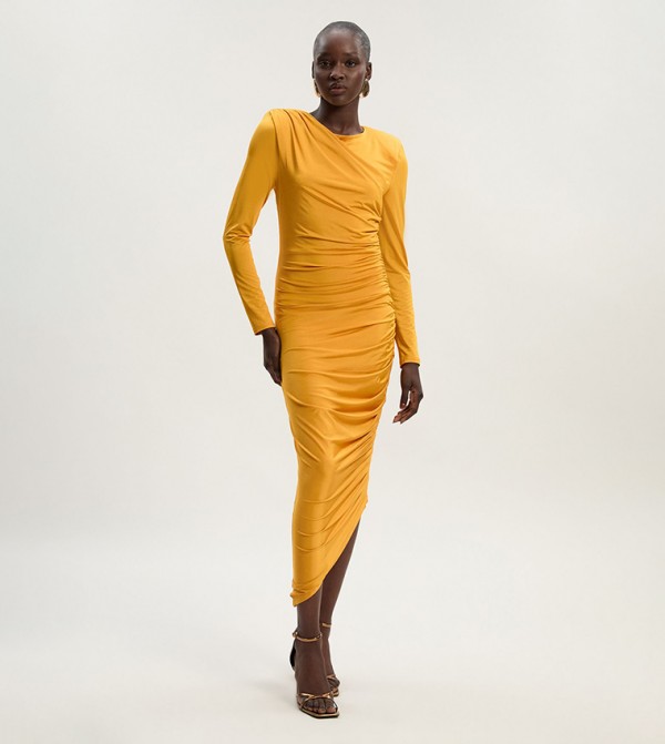 Ruched Crepe Long Sleeves Maxi Dress