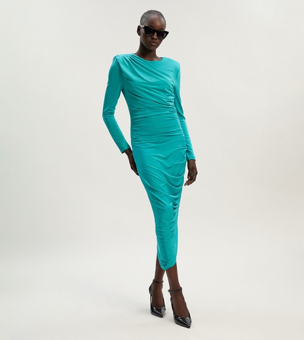 Ruched Crepe Long Sleeves Maxi Dress