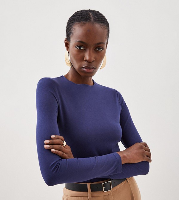 Stretch Cotton Crew Neck Long Sleeves Top