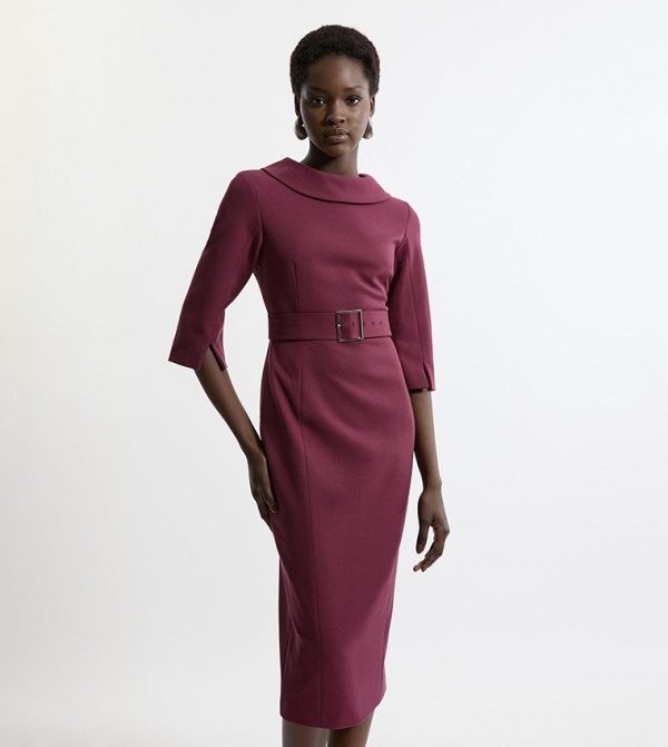 Tailored Structured Crepe Roll Neck Belted Midi Dress