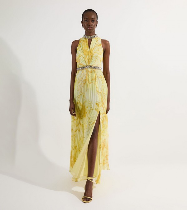 Abstract Floral Crystal Embellished Woven Split Maxi Dress