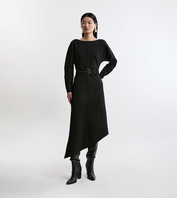 Waterfall Hem Belted Ponte Jersey Midi Dress