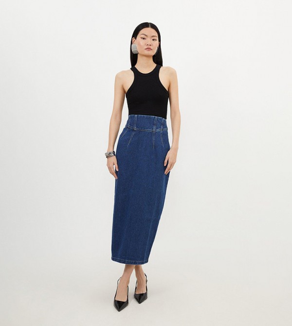 Contrast Stitch Detail Corset Waist Denim Midi Skirt