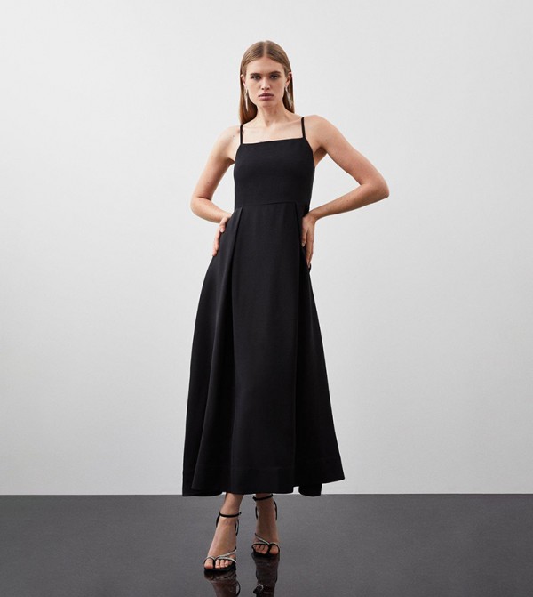 Polished Viscose Tailored Full Skirt Midi Dress