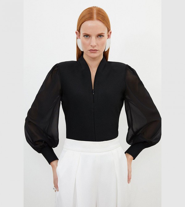 Bandage Figure Form Zip Detail Chiffon Sleeves Knitted Top