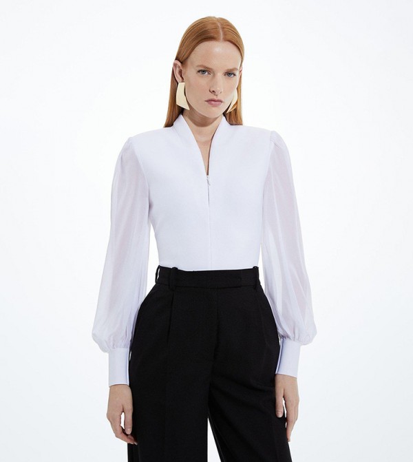 Bandage Zip Detail Chiffon Sleeves Knitted Top