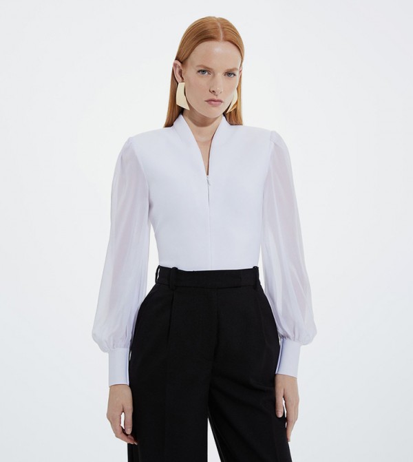 Bandage Figure Form Zip Detail Chiffon Sleeves Knit Top