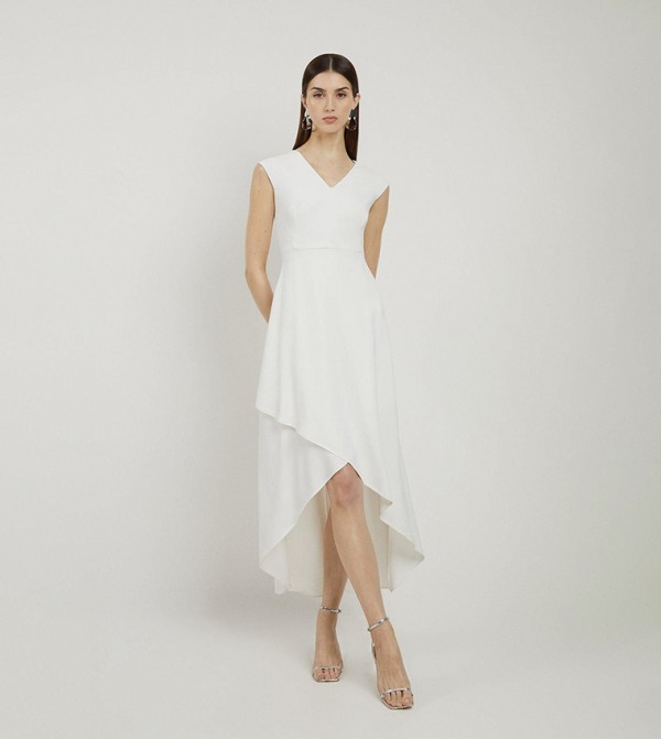 Petite Compact Stretch Viscose Drape Tailored Midi Dress