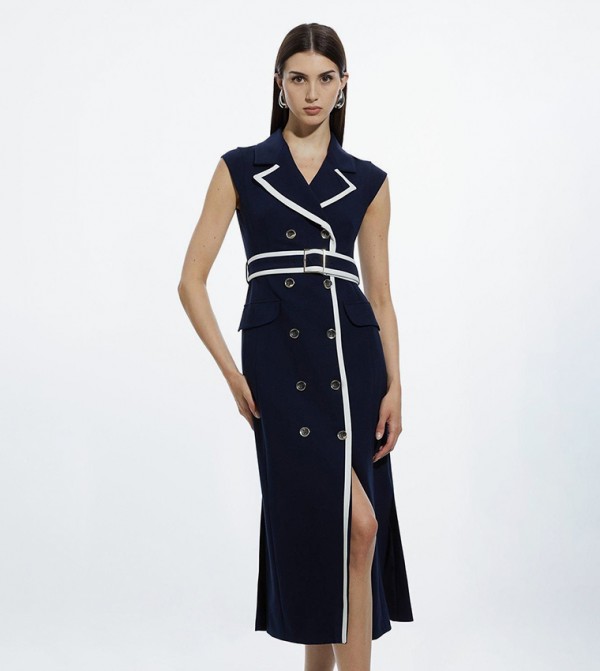 Contrast Tipping Double Breasted Belted Tailored Midi Dress