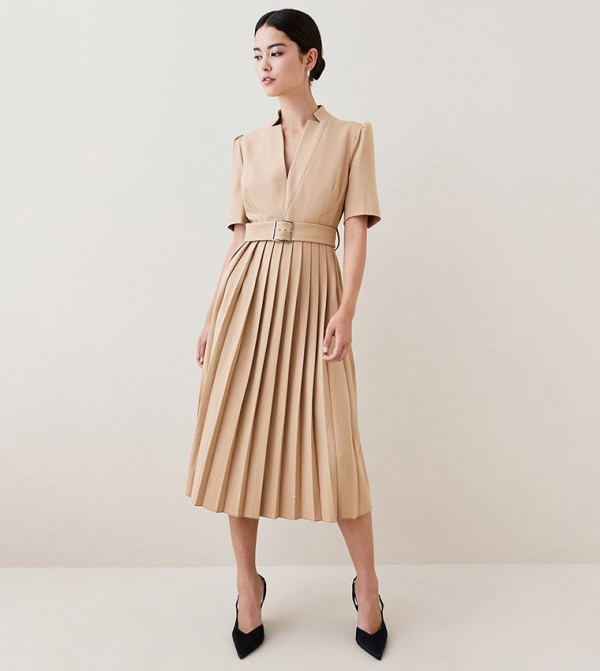 Petite Tailored Structured Crepe Forever Pleat Midi Dress