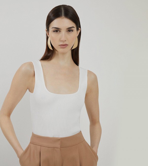 Viscose Blend Ribbed Square Neck Sleeveless Top