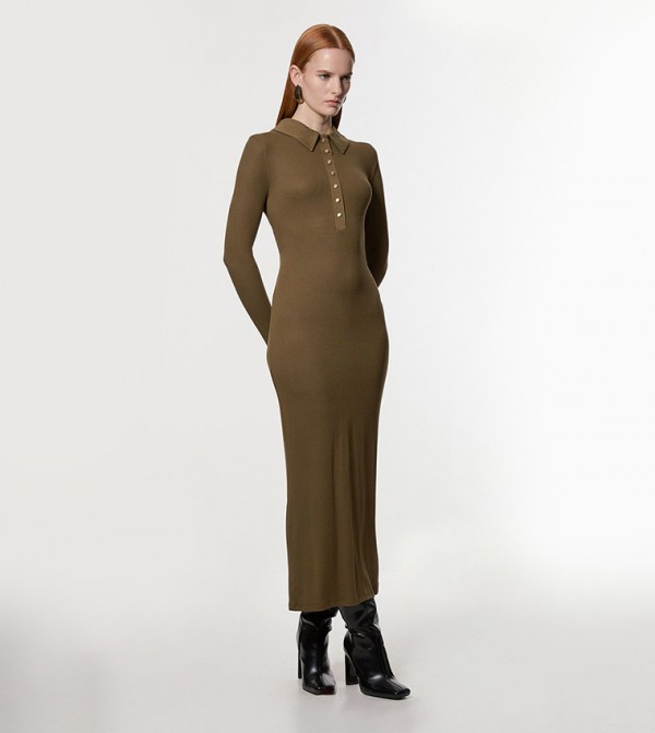 Viscose Rib Jersey Long Sleeves Collared Midi Dress