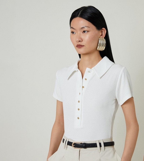 Viscose Ribbed Jersey Short Sleeves Collared Top