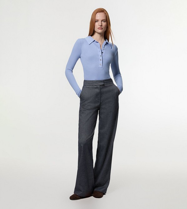 Ribbed Long Sleeves Collared Top