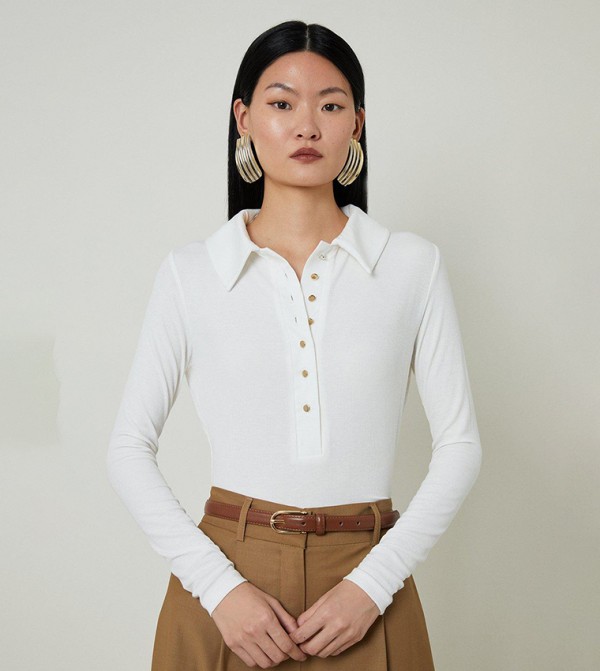 Viscose Ribbed Jersey Long Sleeves Collared Top