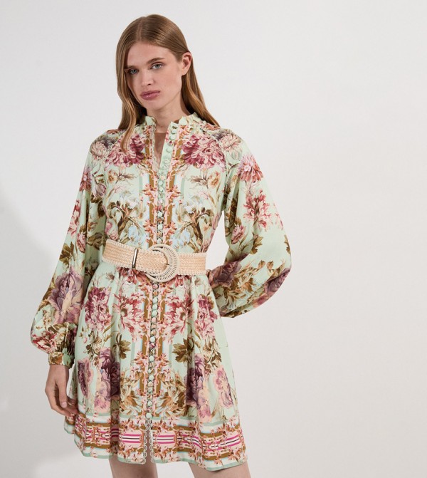 Floral Patterned Long Sleeves Mini Dress