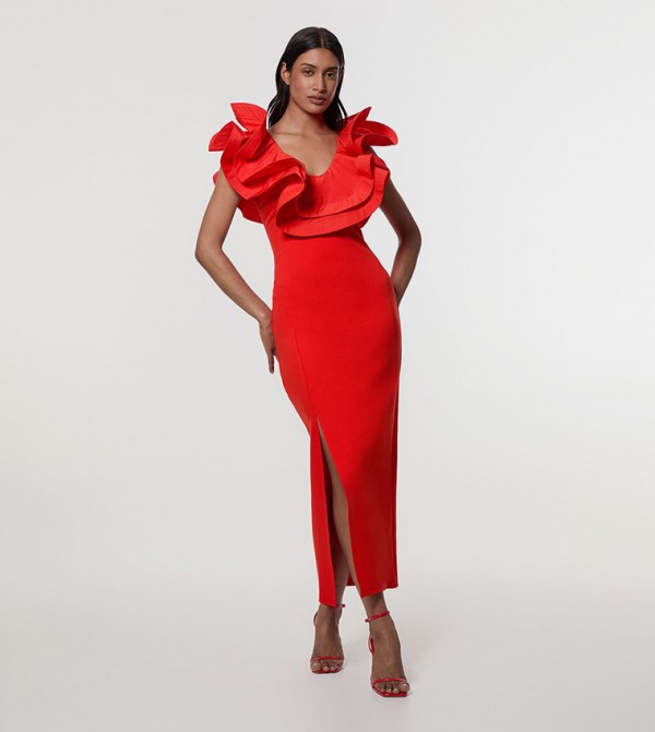 Ruffle Ponte and Mix Jersey Side Split Maxi Dress